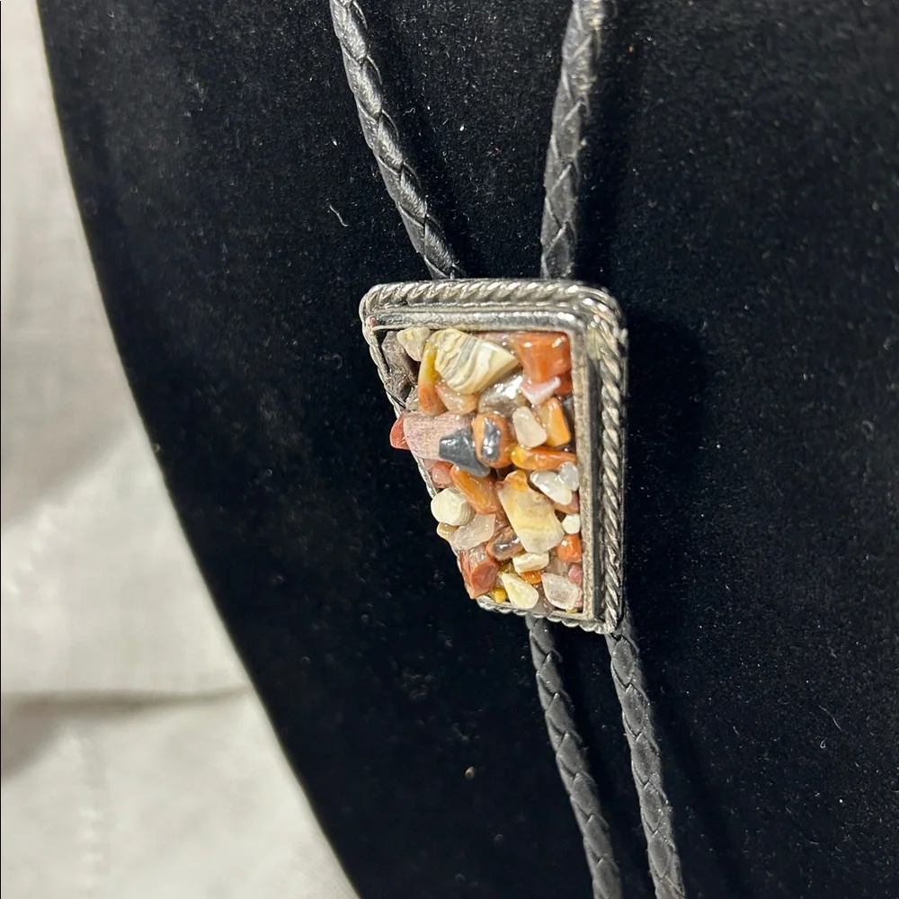 Vintage Bolo tie western leather, ornate medallion natural agate, jasper, etc